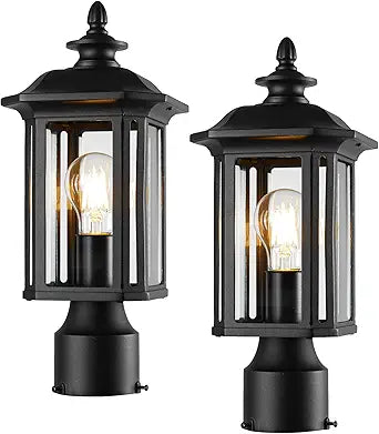 JYZ 15" Outdoor Post Light, Anti-Rust Aluminum Lamp Post Light Fixture, Waterproof Exterior Pole Lantern with Clear Glass Shade, E26 Base Max 60W for Garden Patio Pathway Yard 2 Pack