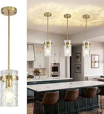 3 Pack Brushed Gold Pendant Lights Kitchen Island, Hammered Glass Pendant Lighting Over Island, Kitchen Hanging Light Fixtures Pendant Light Over Sink for Kitchen Entryway Foyer Dining Room