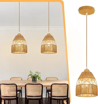 2 Pack Boho Rattan Pendant Lights for Kitchen Island 7.3" Cone Lamp