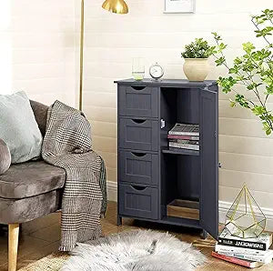 Wooden Bathroom Floor Cabinet With Shelves, Freestanding Storage Organizer With 4 Drawers And 1 Door, Adjustable Shelf For Bathroom, Pantry, Living Room, Kitchen, Entryway (Grey)