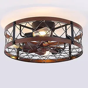 REDSTAR Flush Mount Caged Ceiling Fan with Lights, 20" Small Bladeless Ceiling Fans with Remote, Rustic Low Profile Ceiling Fans Quiet Reversible Enclosed Farmhouse Ceiling Fan for Bedroom Kitchen