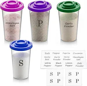 Plastic Salt and Pepper Shakers Set with 4 Color Lids & 20 Labels  Clear Spice Jars, Reusable, Refillable Seasoning Containers for Kitchen, Cooking, Baking  Easy Storage & Organization