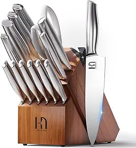 KnifeSaga Kitchen Knife Set 14 Piece Premium Japanese High Carbon Stainless Steel Knife Block Sets with Built-in Sharpener, Razor Sharp Knives Set for Kitchen, Quality Acacia Wood Block Knife Set