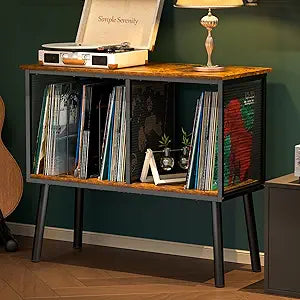 Record Player Stand with Adjustable Divider Vinyl Storage Holder Up to 200 Albums Mid-Century Large Record Player Table Vinyl Holder Turntable Stand End Table for Bedroom & Living Room, Patent Pending