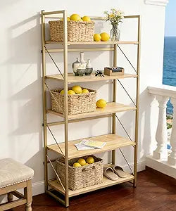 Folding Bookshelf,Multifunctional Foldable Plant Stand Storage Rack Shelves for Home Office, Easy Assembly, 5-Tier,Gold & Nature Wood