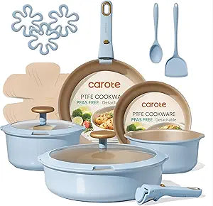 CAROTE 18Pcs Pots and Pans Set, Nonstick Cookware Set Detachable Handle, kitchen Pan Set, Induction kitchen cookware Non Stick, RV Cookware Sets, Oven Safe, Blue