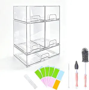 Baby Bottle Organizer Starter Kit, 5-Pack Stackable Clear Acrylic Storage Organizer with Labels & Bottle Brush for Countertops, Cabinets, Pantry, Vanity
