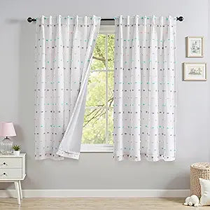MYSKY HOME Total Blackout Curtains for Kids Bedroom Nursery Curtain 100% Room Darkening Doubled Layer Window Drapes with Rainbow Pom Pom Sheer for Kitchen Light Block Back Tab Set of 2, 52 x 63 in