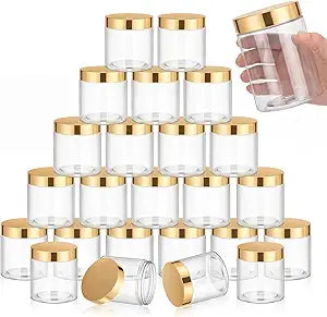SATINIOR 24 Pieces Empty Clear Plastic Jars with Lids Round Storage Containers Wide Mouth for Beauty Product Cosmetic Cream Lotion Liquid Butter Craft and Food(Gold Lid,16 oz)