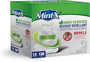 Mint -X Rodent Repellent Indoor Tall Kitchen Drawstring Trash Bags with Mint-Flex Technology; 13 Gallon, 120 Count, White