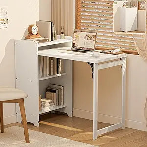 Bamboo Folding Desk for Small Spaces with Storage, Foldable Mid Century Modern Drop Leaf Desk, Vintage Fold Out Hideaway Small Desks for Bedroom or Home Office, White