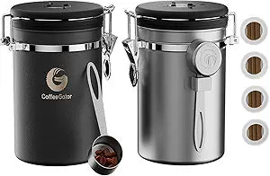 Coffee Gator Coffee Canister, 2pack 22oz Airtight Stainless Steel Kitchen Food Storage Container with Date Tracker, Scoop for Sugar, Grounds, Beans,Tea, Cereal, Flour, Cookies Jars - Gray&Silver