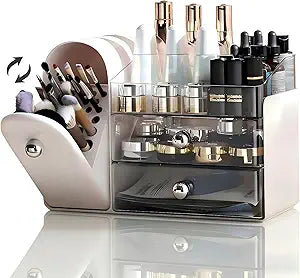 Makeup Organizer for Vanity with Covered Brush HolderBathroom Organizers with DrawerSkin Care OrganizerMakeup Organizers for Vanity with DrawerLarge Makeup Storage for Dresser, White