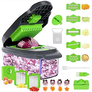 13-in-1 Vegetable Chopper, Full-Function Onion Chopper Slicer Dicer with Decorative Molds, 1.5L Container, Hand Guard and Blade Storage for Party and Lunchbox Prep, Gray Green(Grey & Green)