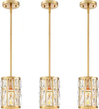 MEXO Modern Crystal Pendant Light Fixture 3-Pack Gold Finish Hanging Lighting Crystal Chandelier for Kitchen Island
