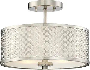 Savoy House Meridian 13 in. W x 10 in. H 2-Light Brushed Nickel Semi-Flush Mount with White Fabric Shade and Geometric Metal Frame M60016BN