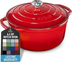 Zulay Kitchen 6.4QT Enameled Cast Iron Dutch Oven Pot with Lid, Heavy-Duty Soup Pot for Stews, Braising, Roasting & Sourdough Bread Baking, Oven Safe up to 500F - Ablaze Red
