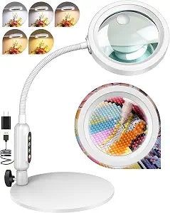 30X 10X Magnifying Glass with Light and Stand, 5 Color Modes Stepless Dimmable, Optical Grade HD Lens, LED Lighted Magnifier Hands Free with 16in Flexible Gooseneck for Close Work - White