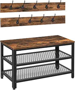 HOOBRO Hall Tree Entryway Storage Bench, Coat Rack Shoe Bench, Shoe Rack Organizer with Coat Hooks, 3-in-1 Design, Wooden Furniture with Metal Frame, Rustic Brown and Black BF17MT01