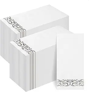 Goodluck 200-Pack Linen-Feel Disposable Guest Towels  Soft and Absorbent Paper Hand Towels for Bathroom or Kitchen  Elegant White Napkins with Silver Design for Parties, Weddings, Dinners Events