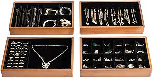 ProCase 4-Set Bamboo Stackable Jewelry Organizer Tray, Jewelry Drawer Inserts Container Display Case Storage for Earring Necklace Rings Bracelet with Removable Dividers -Black