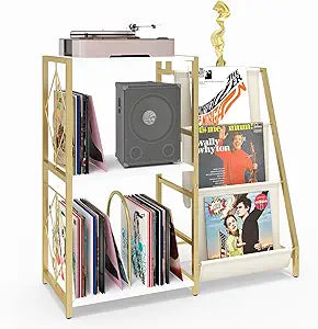 Record Player Stand, Turntable Stand with 3-Tier Vinyl Storage, Vinyl Record Stand Storage up to 200+ Albums,Vinyl Display Holder Shelf for Living Room,Bedroom(Glod White)