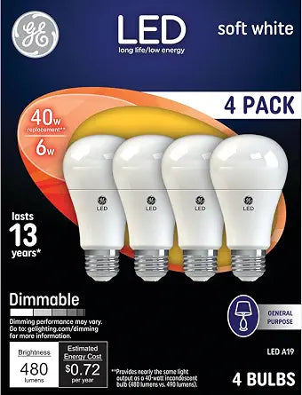 GE LED Light Bulbs, 40 Watt, Soft White, A19 (4 Pack)