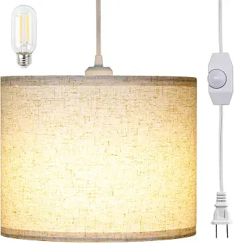 LALISU Plug-in Pendant Light, Adjustable Linen Shade Hanging Lamp, Beige