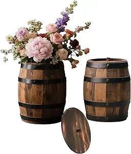 2 Pcs Wood Wine Barrel Vase 6" x 5"  Rustic Wooden Flower Vase Planter for Wedding Reception, Home Indoor Outdoor Garden, Kitchen, Party Table Decoration