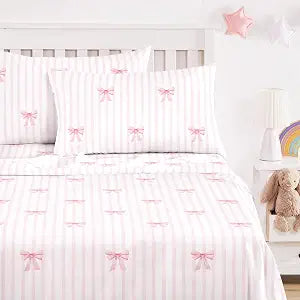 Wake In Cloud -Bow Bed Sheets, 4-Piece Sheet Set, Cute Kawaii Coquette Striped Pattern Printed Bedding for Kids Girls Teens, Deep Pocket, Pink, Queen Size