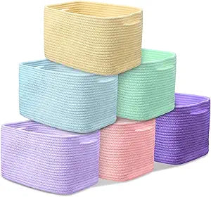 Hushee 6 Pack Cotton Rope Storage Baskets for Organizing Shelves 15''x10''x9'' Larger Woven Toy Storage Basket Cube Bin Decorative Organizer for Clothes Toys Books Towels Nursery(Pastel Style)