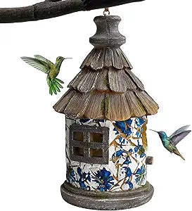 OUSHUAI Bird House for Outdoor with Pole Garden Decor Hanging Birdhouses Weatherproof BirdNest for Outside Bluebird, Finch, Wren, Chickadee, Wild Birds Big Size Resin White Bule