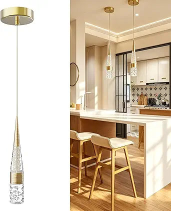 Modern Crystal Pendant Lights for Kitchen Island, Gold Finished LED Hanging Light with Bubble Design, Adjustable Height 0-63 Inches, 3000K-4000K-6500K, 400LM for Single or Multi-Combination