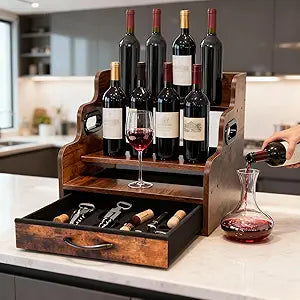 Liquor Bottle Display Shelf 3 Floors with Drawers Countertop Wine Rack can Accommodate 12 Bottles and 36 K Cups, Minibar Coffee Syrup Storage Box, Whiskey