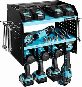 DURATECH Power Tool Organizer Wall Mount with Power Strip, Carbon Steel, Blue, 16.8in Width, 10.9in Depth, 14in Height