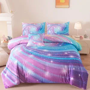 Full Bedding Set for Girls, Purple Glitter Stars Comforter Set for Girls, Galaxy Bedding Sets Full Size