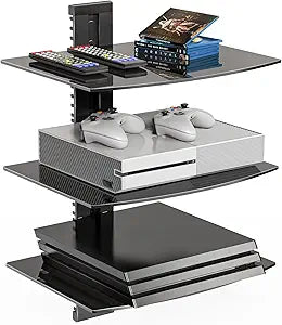 WALI Floating TV Shelf, 3 Tier Glass Projector Shelf for DVD Players, Routers, Game Consoles, Cable Boxes, Living Room Decor Accessories, Wall Mount Shelves Holds Up to 17.6lbs(CS303B), 3-Shelf, Black
