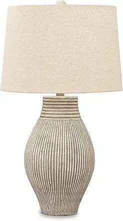 Signature Design by Ashley Layal Modern Table Lamp, Textured Paper Composite Base, Modified Drum Shade, 3-Way Switch Lighting for Living Room or Bedroom, 16 Inch Diameter, Beige