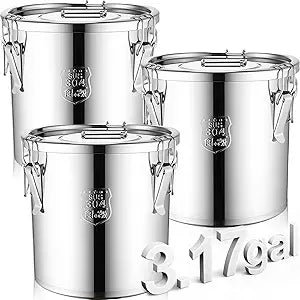 Suclain 3 Pcs 12L 304 Stainless Steel Airtight Canister Large Stainless Steel Food Storage with Secure Locking Lid Metal Leak-proof Container for Pantry Organization Rice, Flour, Oil, Water