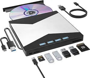 Wbacon External CD/DVD Drive for Laptop, USB 3.0 & 4 USB Ports CD Drive