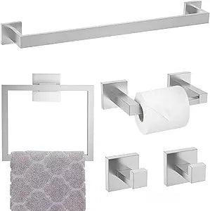 Brushed Nickel Towel Bar Set,5-Piece Bathroom Hardware Set Includes Upgraded Double Base Paper Towel Holder Modern Square Towel Holder Set,Stainless Steel Wall Mount 23.6 Inch