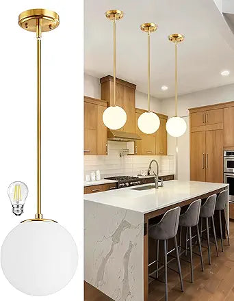 Majade Globe Pendant Lights Kitchen Island Mid Century Modern Pendant Light Fixtures 7.4 Inch Gold Ceiling Lighting with Milk Glass Shade Adjustable Brushed Brass Hanging Light for Dining Room