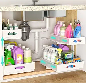 Under Sink Organizer, Extra-Wide Upgrade, 2 Pack 2 Tier Metal Slide Out Cabinet Organizer, Height Adjustable Organization and Storage Series, Bathroom/Cabinet/Kitchen organization, White