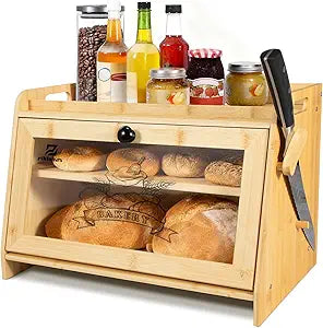 Piklohas Bread Box for Kitchen Countertop, Bamboo Sourdough Storage with Cutting Board for Homemade Bread, Multi-Functional Container with Window, Wall-Mountable to Save Space, FSC-Certified