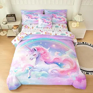 MWMWMW 6-Piece Unicorn Bedding Sets Twin for Girls Kids, Kawaii Pink Rainbow Unicorn Comforter Set, Pink Girls Twin Size Bedding Set with Comforter, Pillowcase, Sheet Set & Pillow Cover