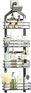 Orimade Adjustable Anti-slip Hanging Shower Caddy over Shower Head,Rustproof Bathroom Hanging shower Organizer with 4 Hooks for Razor,No Drilling Shower shelves Storage Rack,Black 4 Tier