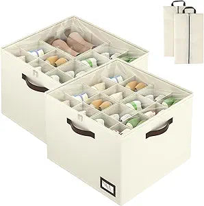 OIAHOMY 2 Pack Shoe Organizer for Closet, Large Foldable Shoe Storage Bins with Dividers and Reinforced Handles, Each Clear Cover Sneaker Box Fits Up to 16 Pairs for Entryway and Bedroom, Beige