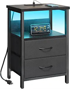 Fixwal Night Stand with Charging Station, Black Led Nightstand, 2 Drawers
