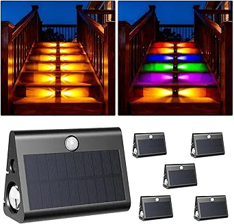 6 Pack Motion Sensor Solar Step Lights, IP67 Outdoor Waterproof Stair Light, Warm White/RGB Colors & Double-Sided Lighting, Outside Decor Light for Deck,Porch,Railing,Fence,Walkway, Yard,Wall,Patio