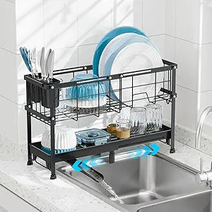 GSlife Narrow Dish Drying Rack, 2 Tier Small Dish Drainer for Kitchen Counter, Expandable Compact Dish Rack with Utensil Holder for RV/1-2 People, 15.7''-20.7''L x 7" D x 12.6" H, Black